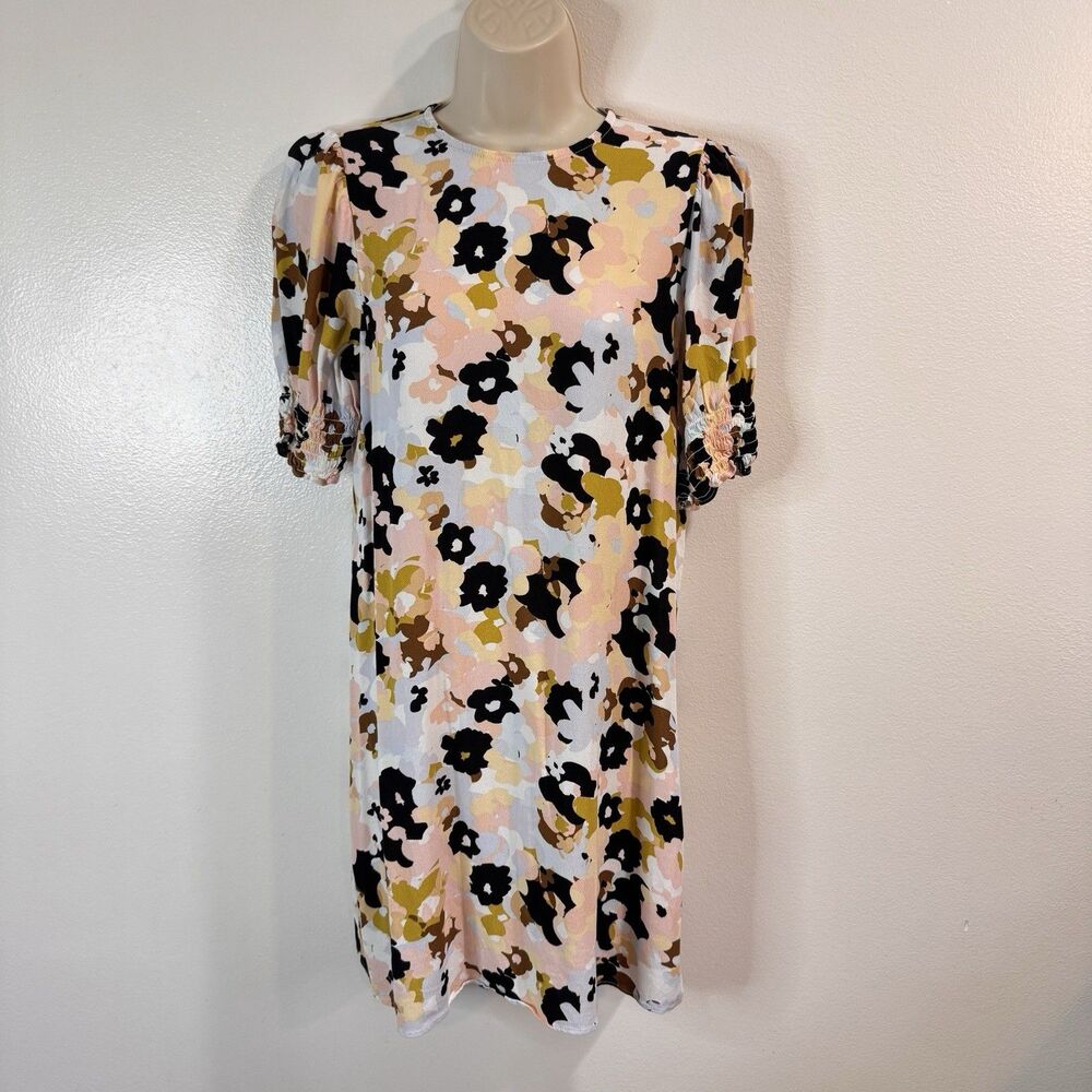 Ann Taylor LOFT Shirt Dress 6P Petite Chiffon Retro Mod Floral Pink Blue Black